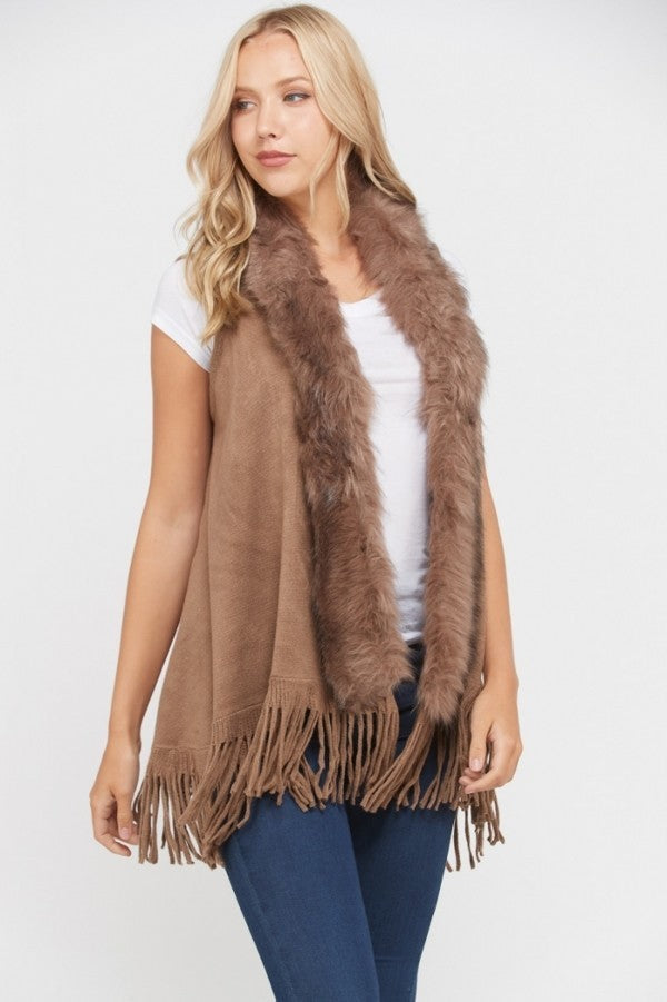 Mocha Faux Fur Accent Sleeveless Open Cardigan (Vest) with Fringe on the Bottom Edge.