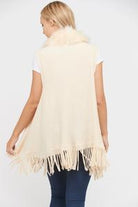 Faux Fur Accent Sleeveless Open Cardigan (Vest) with Fringe on the Bottom Edge.