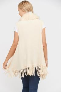 Faux Fur Accent Sleeveless Open Cardigan (Vest) with Fringe on the Bottom Edge.
