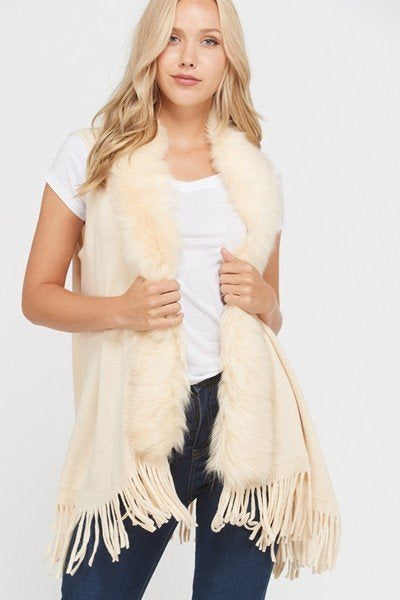 Faux Fur Accent Sleeveless Open Cardigan (Vest) with Fringe on the Bottom Edge.