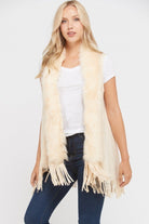 Faux Fur Accent Sleeveless Open Cardigan (Vest) with Fringe on the Bottom Edge.