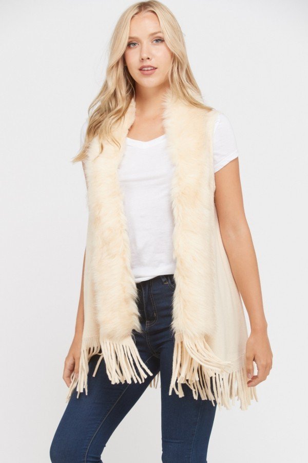 Faux Fur Accent Sleeveless Open Cardigan (Vest) with Fringe on the Bottom Edge.