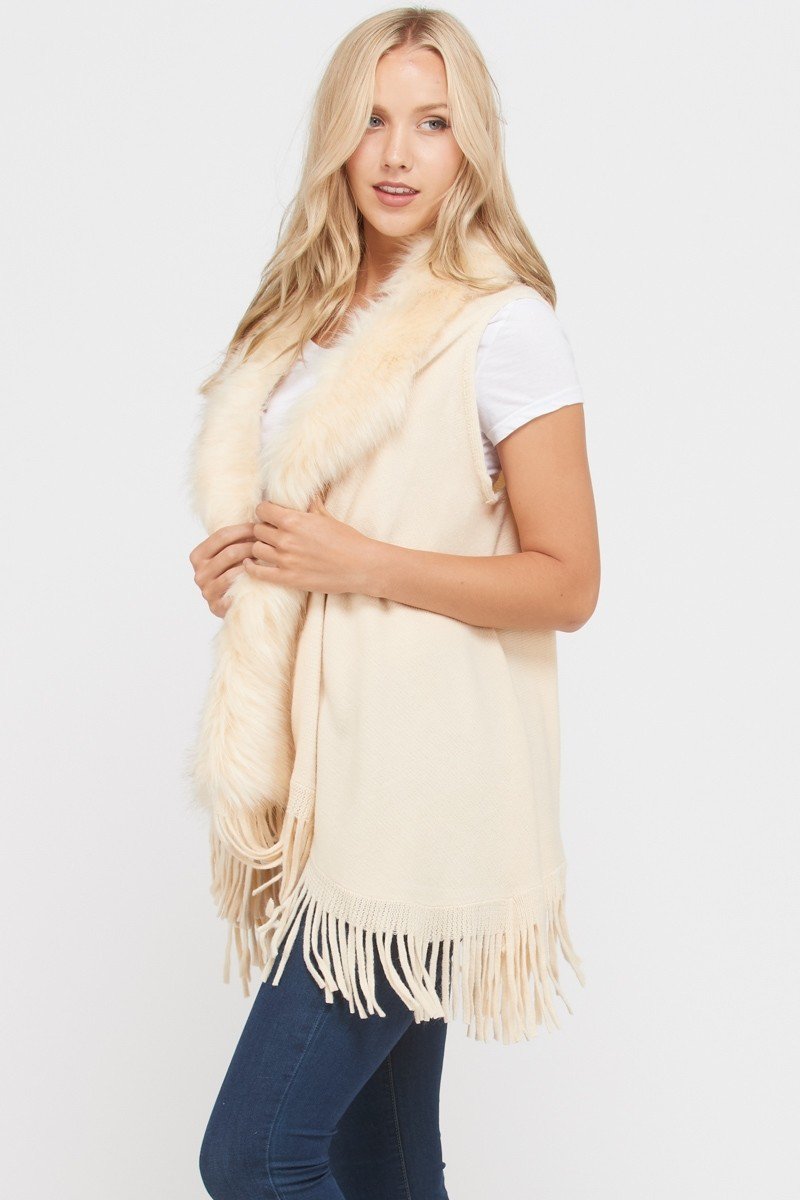 Faux Fur Accent Sleeveless Open Cardigan (Vest) with Fringe on the Bottom Edge.