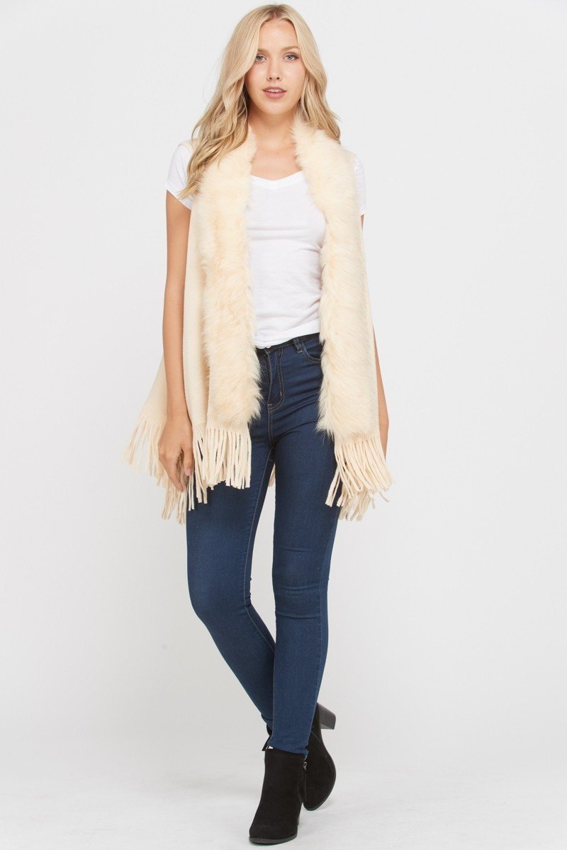 Faux Fur Accent Sleeveless Open Cardigan (Vest) with Fringe on the Bottom Edge.