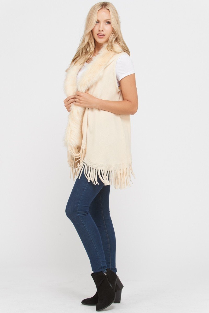 Faux Fur Accent Sleeveless Open Cardigan (Vest) with Fringe on the Bottom Edge.