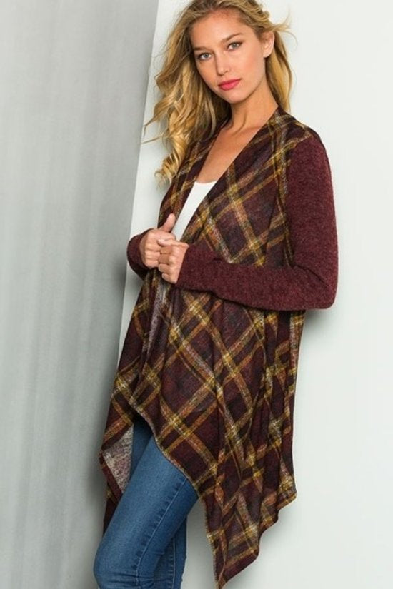 Burgundy and Mustard Plaid Long Sleeve Open Cardigan, Light Weight.