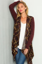 Burgundy and Mustard Plaid Long Open Cardigan 