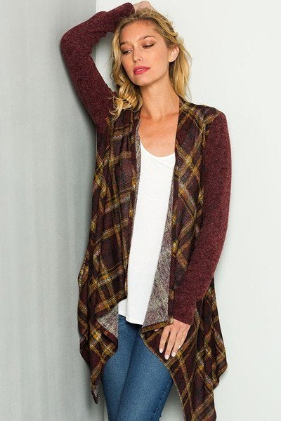 Burgundy and Mustard Plaid Long Open Cardigan 