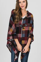 Burgundy, Blue, Black and Gold colored Plaid Hooded Poncho, 3/4 sleeve, light weight, front closure.