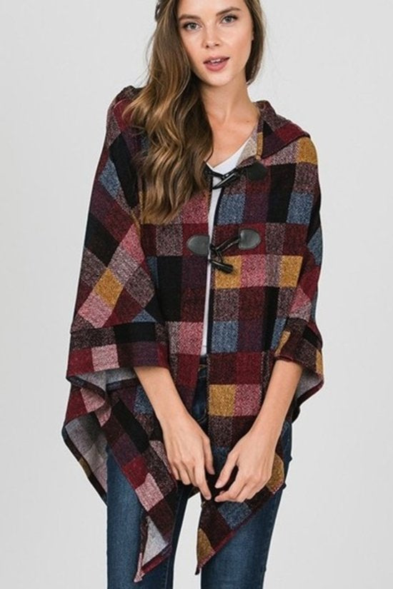 Burgundy, Blue, Black and Gold colored Plaid Hooded Poncho, 3/4 sleeve, light weight, front closure.