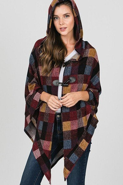 Burgundy, Blue, Black and Gold colored Plaid Hooded Poncho, 3/4 sleeve, light weight, front closure.