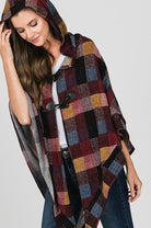 Burgundy, Blue, Black and Gold colored Plaid Hooded Poncho, 3/4 sleeve, light weight, front closure.