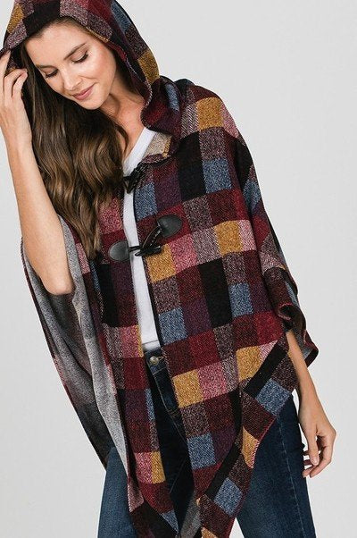 Burgundy, Blue, Black and Gold colored Plaid Hooded Poncho, 3/4 sleeve, light weight, front closure.