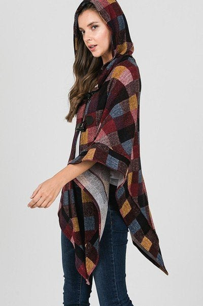 Burgundy, Blue, Black and Gold colored Plaid Hooded Poncho, 3/4 sleeve, light weight, front closure.