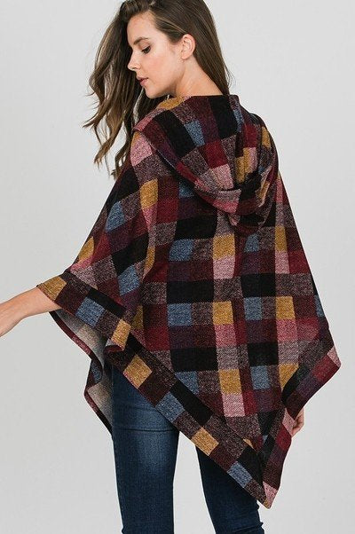 Burgundy, Blue, Black and Gold colored Plaid Hooded Poncho, 3/4 sleeve, light weight, front closure.