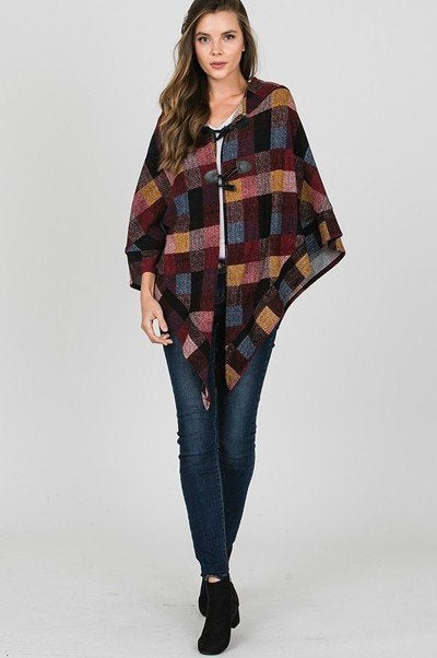 Burgundy, Blue, Black and Gold colored Plaid Hooded Poncho, 3/4 sleeve, light weight, front closure.