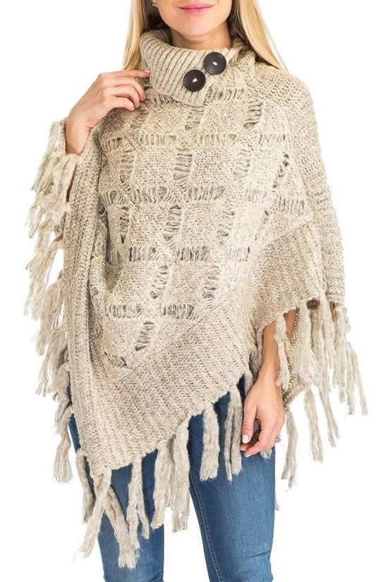 Khaki Turtleneck Ribbed Crochet Knit Poncho with Button Accent, and tassel fringe bottom accent