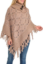 Rose Gold Turtleneck Ribbed Crochet Knit Poncho with Button Accent, and tassel fringe bottom accent