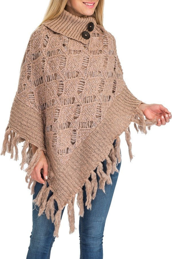 Rose Gold Turtleneck Ribbed Crochet Knit Poncho with Button Accent, and tassel fringe bottom accent