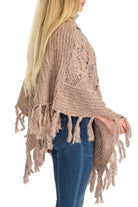 Rose Gold Turtleneck Ribbed Crochet Knit Poncho with Button Accent, and tassel fringe bottom accent