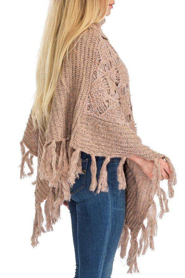 Rose Gold Turtleneck Ribbed Crochet Knit Poncho with Button Accent, and tassel fringe bottom accent