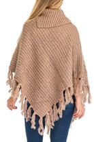 Rose Gold Turtleneck Ribbed Crochet Knit Poncho with Button Accent, and tassel fringe bottom accent