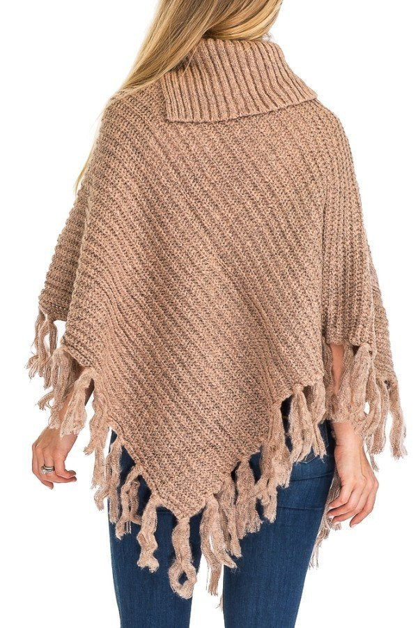 Rose Gold Turtleneck Ribbed Crochet Knit Poncho with Button Accent, and tassel fringe bottom accent