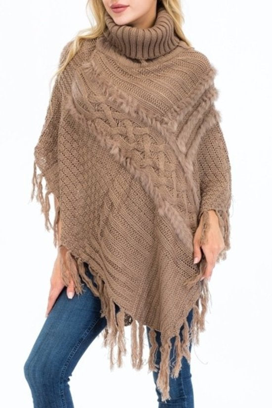 Khaki Brown Hand Made Knitted with Faux Fur Accent Luxury Poncho with warm Turtleneck