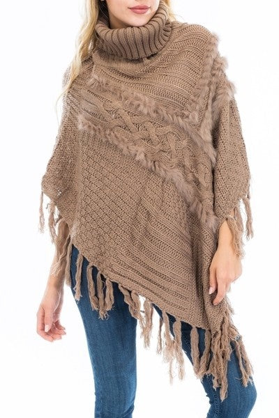 Khaki Brown Hand Made Knitted with Faux Fur Accent Luxury Poncho with warm Turtleneck