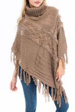 Khaki Hand Made Knitted With Fur Accent Luxury Poncho 