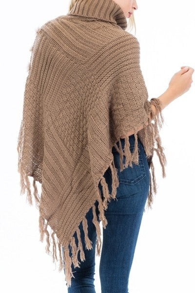 Khaki Brown Hand Made Knitted with Faux Fur Accent Luxury Poncho with warm Turtleneck