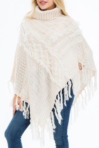 Cream Hand Made Knitted with Fur Accent Luxury Turtleneck Poncho, with tassel fringe trim.