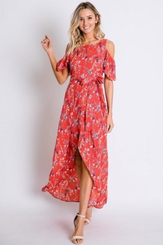 Red Floral Cold Shoulder Tulip Wrap Maxi Dress with Tie Waist