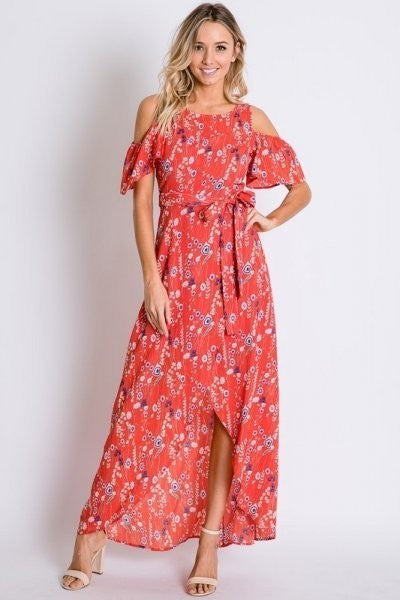 Red Floral Cold Shoulder Tulip Wrap Maxi Dress with Tie Waist