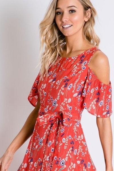 Red Floral Cold Shoulder Tulip Wrap Maxi Dress with Tie Waist