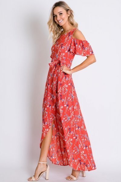 Red Floral Cold Shoulder Tulip Wrap Maxi Dress with Tie Waist