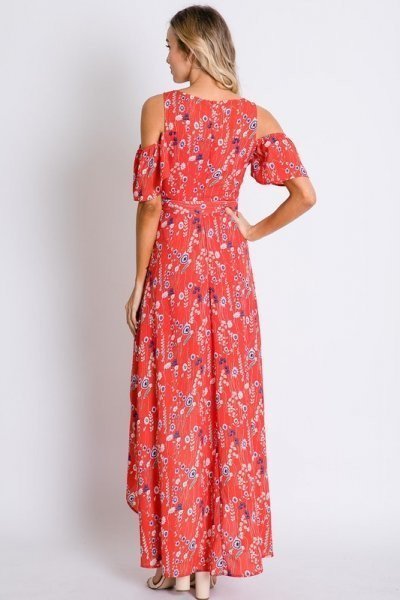 Red Floral Cold Shoulder Tulip Wrap Maxi Dress with Tie Waist