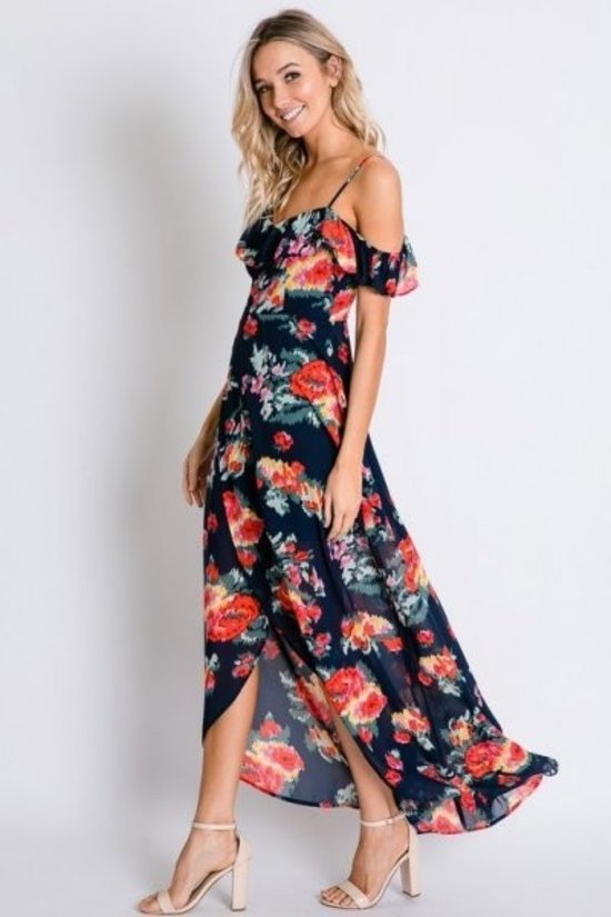 Navy Floral Print Ruffle Cold Shoulder Tulip Wrap Maxi Dress
