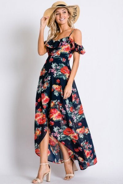 Navy Floral Print Ruffle Cold Shoulder Tulip Wrap Maxi Dress