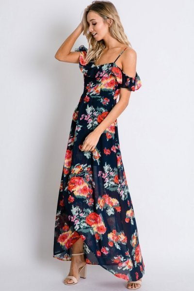 Navy Floral Print Ruffle Cold Shoulder Tulip Wrap Maxi Dress