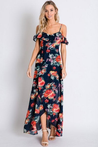 Navy Floral Print Ruffle Cold Shoulder Tulip Wrap Maxi Dress