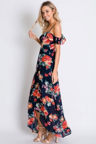 Navy Floral Print Ruffle Cold Shoulder Tulip Wrap Maxi Dress
