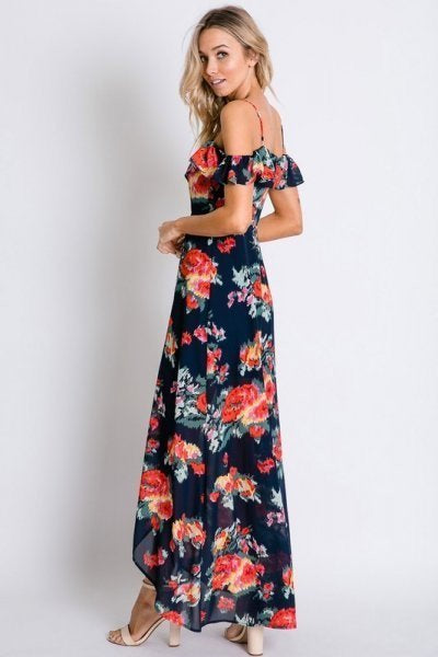 Navy Floral Print Ruffle Cold Shoulder Tulip Wrap Maxi Dress