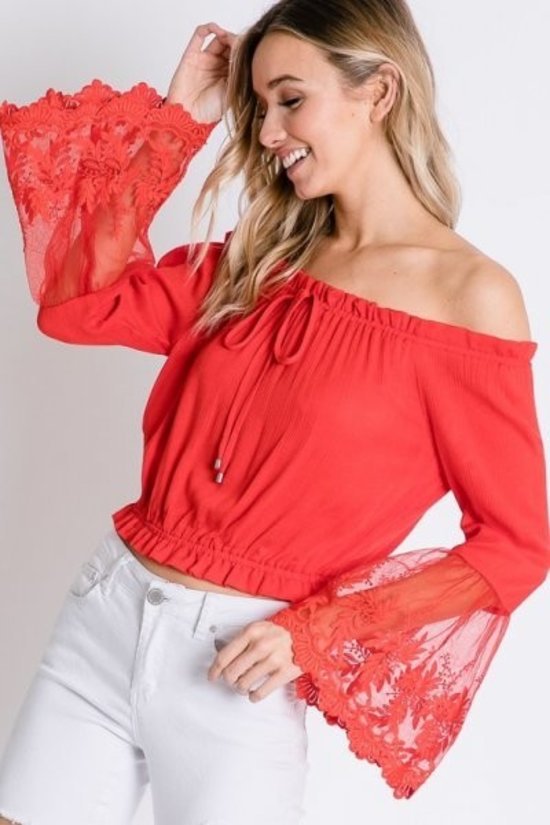 Tomato Red Off Shoulder Top with Sheer Lace Detailed Bell Sleeves
