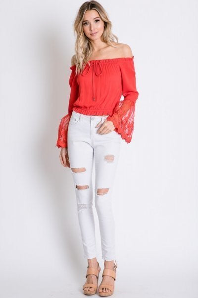 Tomato Red Off Shoulder Top with Sheer Lace Detailed Bell Sleeves
