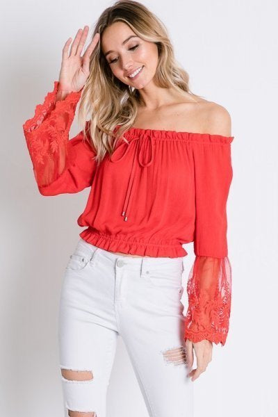 Tomato Red Off Shoulder Top with Sheer Lace Detailed Bell Sleeves