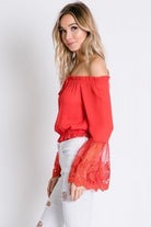 Tomato Red Off Shoulder Top with Sheer Lace Detailed Bell Sleeves