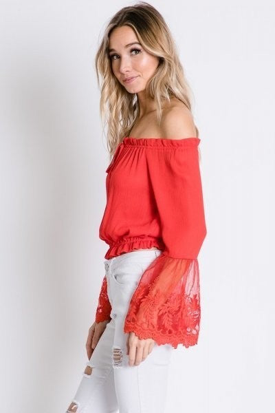 Tomato Red Off Shoulder Top with Sheer Lace Detailed Bell Sleeves