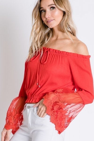 Tomato Red Off Shoulder Top with Sheer Lace Detailed Bell Sleeves