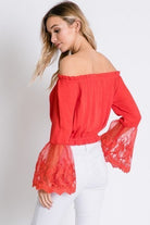 Tomato Red Off Shoulder Top with Sheer Lace Detailed Bell Sleeves